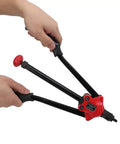 14 Inch Hand Blind Rivet Nut Setter Kit With 6 Interchangeable Mandrels Anti Slip Curved Handle in use, close-up view.