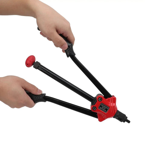 14 Inch Hand Blind Rivet Nut Setter Kit With 6 Interchangeable Mandrels Anti Slip Curved Handle in use, close-up view.