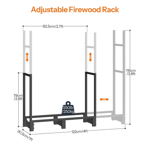 Illustration of Adjustable Firewood Rack With Weatherproof Cover For Indoor And Outdoor Use Beefy Metal Frame Keeps Firewood Dry And Organized.