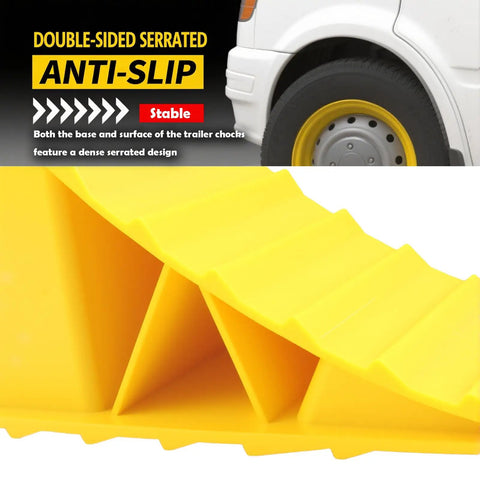 Heavy Duty Wheel Chocks 2 Pack For Trailers And RVs Non Slip Triangular Tire Blocks with double-sided serrated grip, yellow, in use.