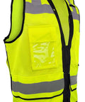 Heavy Duty Green Mesh Surveyors Vest With Loaded Tablet Pockets And Secure Id Sleeve Super Breathable Class Two Compliant Jobsite Safety Gear For Hardcore Seasoned Crews 3XL side view with reflective strips