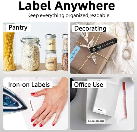 Compact Bluetooth Label Maker With Tape And Templates used for pantry, decorating, iron-on labels, office use.