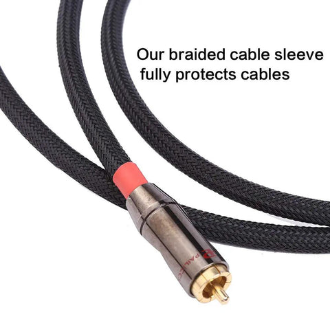 100 Ft 1/2 Inch PET Expandable Braided Cable Sleeve Black for audio video wiring with connector close-up