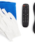 Accessories for Rock Solid 43 Inch Touchscreen Digital Kiosk: gloves, cleaning cloth, remote, power cord.