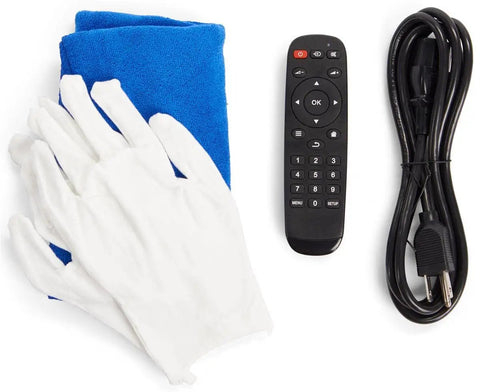 Accessories for Rock Solid 43 Inch Touchscreen Digital Kiosk: gloves, cleaning cloth, remote, power cord.