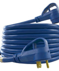 Coiled blue RV Extension Cord 25 Feet 30 Amp TT-30P To TT-30R Heavy Duty With Elbow Plugs And Strain Relief UL Listed for campers