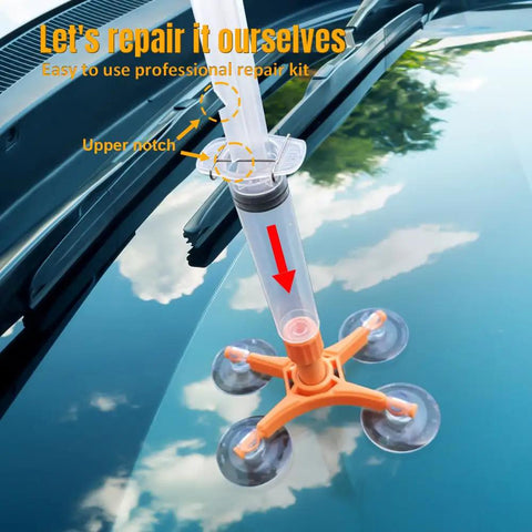 Windshield Repair Kit With High Penetration Resin And Pressure Syringes in use on windshield, showing suction cup application.