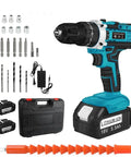 18V Cordless Electric Drill And Screwdriver Power Tool Set With Two 55 Ah Rechargeable Batteries heavy duty kit and accessories layout.