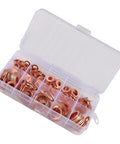 Get This Top Notch 100 Piece Copper Flat Washer Assortment Kit With Box For Sump And Industrial Jobs Featuring Purple Copper Ring Seals That Resist Heat Buildup And Deliver Serious Hardness For Your Tough Gasket Needs, 100-piece copper washer kit in organizer box