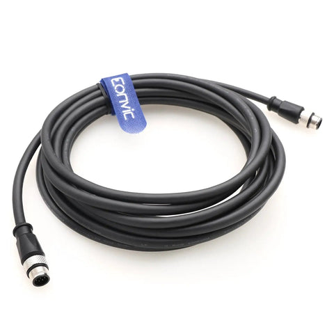 Coiled Industrial M12 A-Coded 8 Pin Male To Male Connector Extension Cable for sensors and robotics gear, black, 5m length.