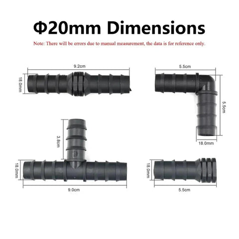 Water Connector Kit For Garden Drip Irrigation, 2 To 50 Pieces, 16mm 20mm 25mm PE Pipe Fittings, 20mm adapter dimension view