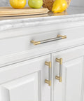 Slick 10 Pack Kitchen Cabinet Handles 5 Inch Brushed Satin Nickel Knurled Gold Drawer Pulls on white kitchen cabinets.