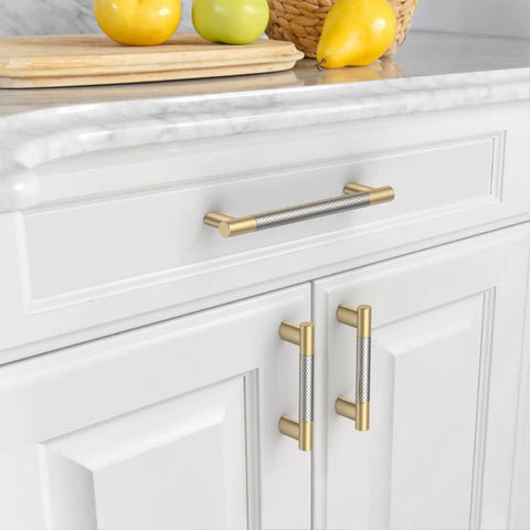 Slick 10 Pack Kitchen Cabinet Handles 5 Inch Brushed Satin Nickel Knurled Gold Drawer Pulls on white kitchen cabinets.