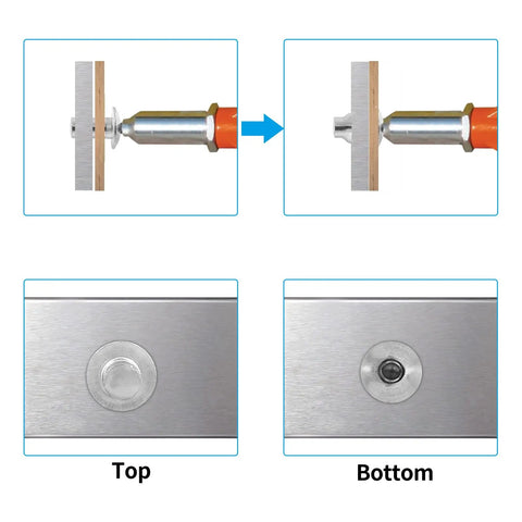 Installation and top-bottom view of 60 Pack Aluminum Closed End Pop Rivets Three Sixteenth Inch By Three Eighths Inch Blind Rivets With Sealed Dome Head For Metal Fabrication And DIY Projects Pro Grade Durable Silver on a metal surface