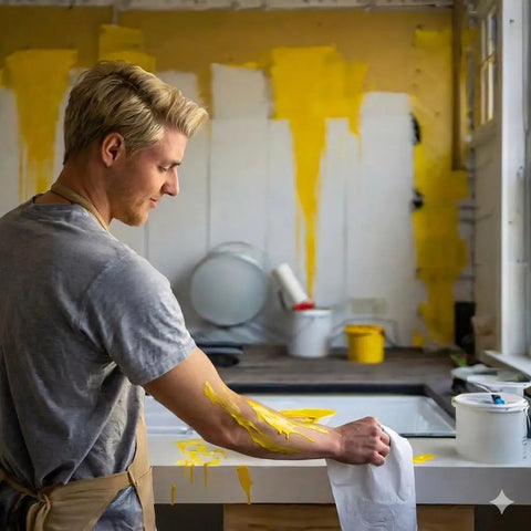 Man cleaning paint spills with 350 Count White Heavy-Duty Shop Towels, Ultra Absorbent Industrial Wipers in kitchen