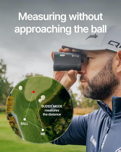 Person using 2S Pro Golf Range Finder With Slope And Pin Finder, Measure From Cart On The Fly Up To 1093 Yards, Magnetic Mount