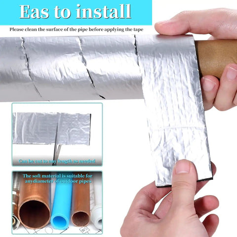 Person installing Outdoor Pipe Insulation Wrap Two Inch By Thirty Two Point Eight Feet with foam and foil on pipe