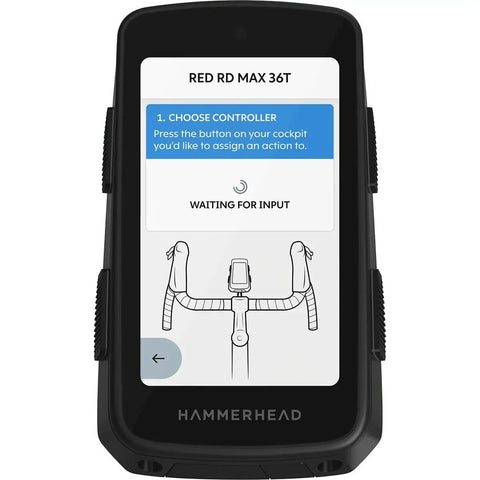 Hammerhead Karoo GPS Bike Computer With 31.8mm Mount System USB-C Charging Cable Quarter-Turn Adapter Lanyard Quick Start Guide And Dope Colorful Smartphone-Style Display showing control setup screen