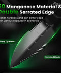 Close-up of metal detector shovel with manganese steel double serrated edge for metal detecting, gardening, or camping.