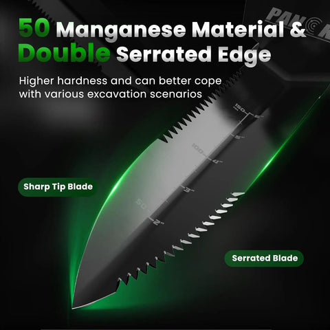 Close-up of metal detector shovel with manganese steel double serrated edge for metal detecting, gardening, or camping.