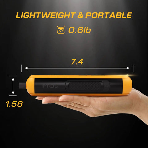 4V Cordless Electric Screwdriver Set With USB C Charge LED Light 26 S2 Bits shown with dimensions 7.4 x 1.58 inches
