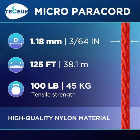Red Fire Tiny But Mighty Micro Paracord 1.18 mm by 125 ft Slim Utility Cord details of dimensions and tensile strength