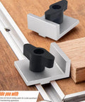 4 Piece Bi Directional Stop Kit With Knobs For T Track System Universal Fit Precision Stops Aluminum Alloy Silver Anodized Built Tough Short Stop Blocks 4 Pack on T-track with wood workpiece