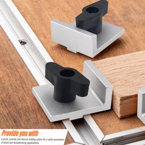 4 Piece Bi Directional Stop Kit With Knobs For T Track System Universal Fit Precision Stops Aluminum Alloy Silver Anodized Built Tough Short Stop Blocks 4 Pack on T-track with wood workpiece