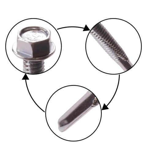 Close-up view of Self Drilling Tek Screws With Hex Washer Head For Attaching Sheet Metal To Steel Zinc Plated Steel Size 12 24 By 1.5 Inch Pack Of 250 Built Tough For Metal To Metal, showing hex head and threading details.