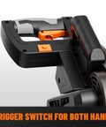 DOVAMAN 12-inch dual-bevel miter saw handle with ambidextrous orange trigger switch, close-up view