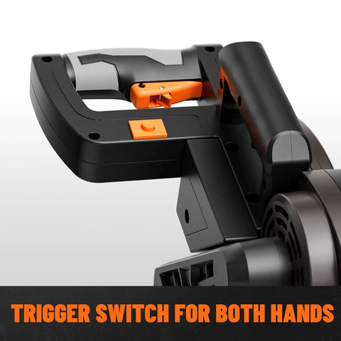DOVAMAN 12-inch dual-bevel miter saw handle with ambidextrous orange trigger switch, close-up view