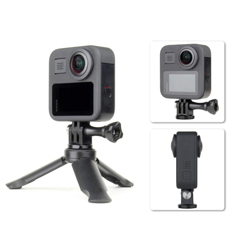 Action camera mounted on Six Pack Anti Rust 316 Stainless Steel Mini Tripod Mount Adapters with 1/4-20 thumbscrew, front and side view.