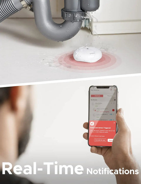 Smart WiFi Water Leak Alarm System With Three Detectors And Base Station Real Time Heads Up Phone Alerts 1700 Ft Transmission Range For Kitchen Basement Bathroom Works With 2.4 GHz WiFi Easy Setup No Drama Peace Of Mind installed under sink with phone notification
