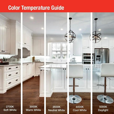 Color temperature guide for 6-Inch Round LED Recessed Downlight Wafer With 5-In-1 Switchable Color Temperature in a kitchen setting