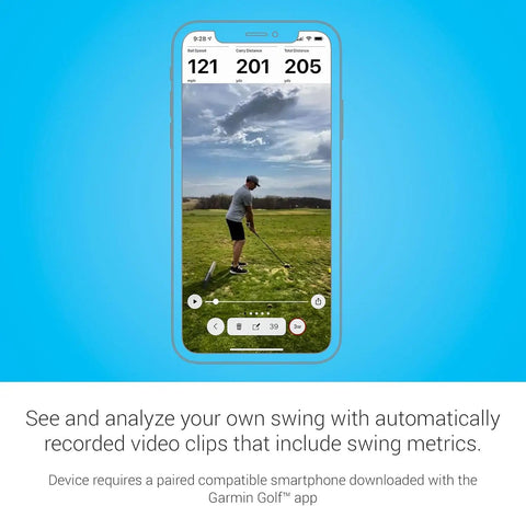 Portable Golf Launch Monitor And Simulator Bundle shown on smartphone app with swing metrics and video analysis features.