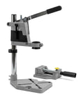 Heavy Duty Aluminum Drill Press Stand For Hand Drills, Built Like A Tank Workbench Mount With Zero Shake For Smooth Woodworking and Easy DIY Repairs Across The Shop, side view with sturdy base.