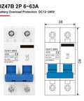 Front view of DC Battery and EV Circuit Breaker Workhorse 12V-48V, 2 Pole Mini MCB, 150A Rating, Din Rail or Screw Mount.
