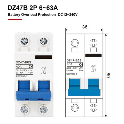 Front view of DC Battery and EV Circuit Breaker Workhorse 12V-48V, 2 Pole Mini MCB, 150A Rating, Din Rail or Screw Mount.