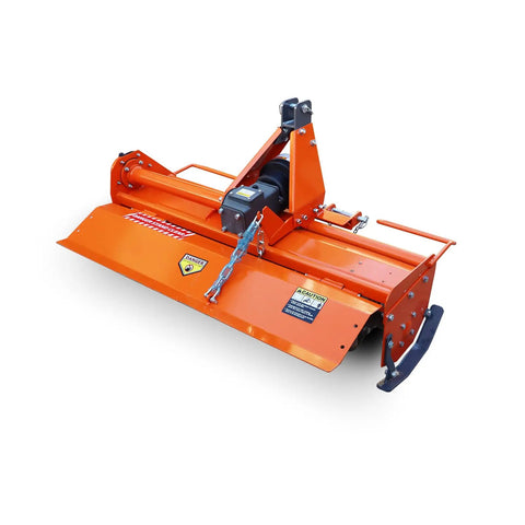 Orange Category 1 Three Point Tiller Attachment For Tractors, PTO Driven Cultivator with 540 RPM gearbox, side view