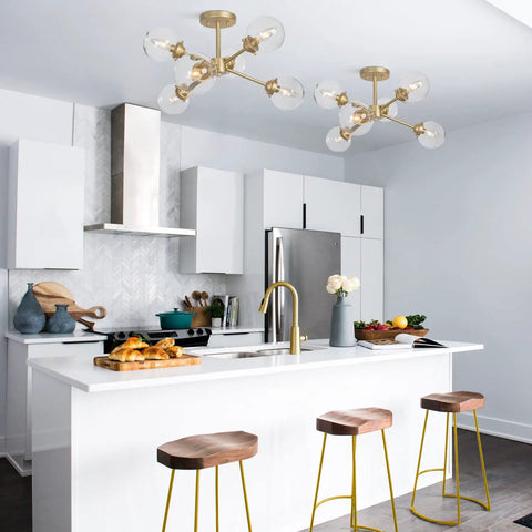 Lit Gold Semi Flush Mount Chandelier For Dining Room And Kitchen, Modern Gold Ceiling Light With Candle Style Orbs In Chic Glass