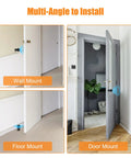 Multi-angle installation of Heavy Duty Cylindrical Black Rubber Door Stops That Grip Tight And Shield Walls From Nasty Scuffs While Saving Floor Space And Looking Pretty Slick For Any Home Or Shop Setup Plus You Score Two Sturdy Bumpers.