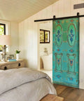 Hand-Carved Authentic Barn Door For Interior And Exterior Use, Custom Size 71x34 Inch Front Door, sliding in a cozy bedroom