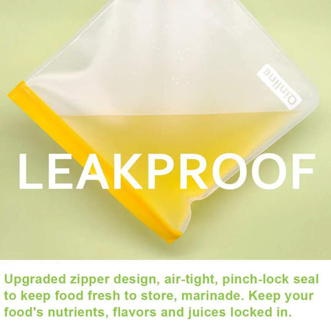 10 Pack Reusable Storage Bags BPA Free Freezer Bags Set with leakproof yellow zipper for storing liquids securely.