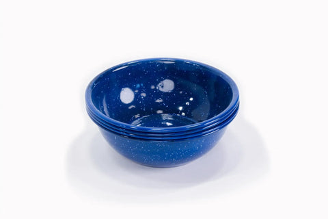 Six Inch Enamel Camping Bowls 4 Pack, Lightweight Durable Steel With Classic Blue Speckle Coating, Easy To Clean