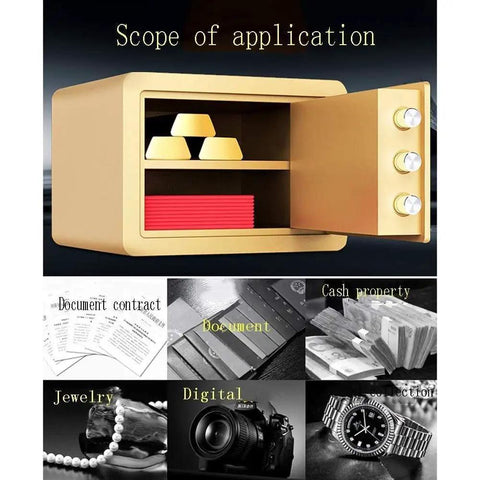 Badass Full Steel Waterproof Security Cabinet Hella Fireproof Anti Theft Deposit Chest Coffee Gold with documents and valuables inside.