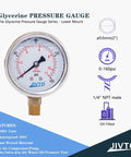 Glycerin Filled 2 Inch Dial Pressure Gauge Dual Scale 0 To 160 Psi Bar Kpa With Brass One Quarter Inch Npt Connection Lower Mount Stainless Steel Case For Air Compressors Pumps Tubes Valves Gas Water Oil Test product image showing gauge details and features.