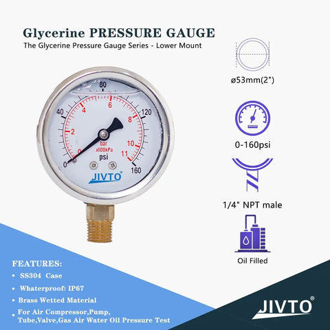 Glycerin Filled 2 Inch Dial Pressure Gauge Dual Scale 0 To 160 Psi Bar Kpa With Brass One Quarter Inch Npt Connection Lower Mount Stainless Steel Case For Air Compressors Pumps Tubes Valves Gas Water Oil Test product image showing gauge details and features.