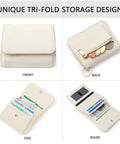 Front, back, side, and inside views of RFID Keychain Wallet Wristlet For Women With Coin Pocket And ID Window Beaded Key Chain Wristlet Beige Detachable Metal Rings Versatile Small Wallets For Everyday Carry And Travel