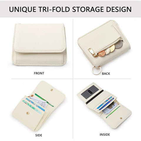 Front, back, side, and inside views of RFID Keychain Wallet Wristlet For Women With Coin Pocket And ID Window Beaded Key Chain Wristlet Beige Detachable Metal Rings Versatile Small Wallets For Everyday Carry And Travel