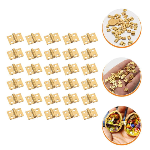 Copper Mini Box Hinges 8x10mm Set of 30 for DIY Wooden Boxes shown in packaging and application views with vintage chic finish.